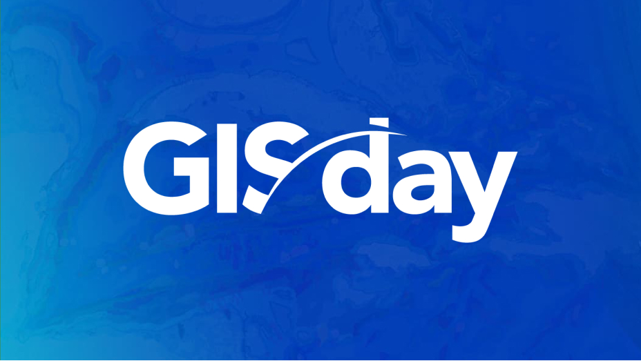 The GIS Day logo on a blue map-like background