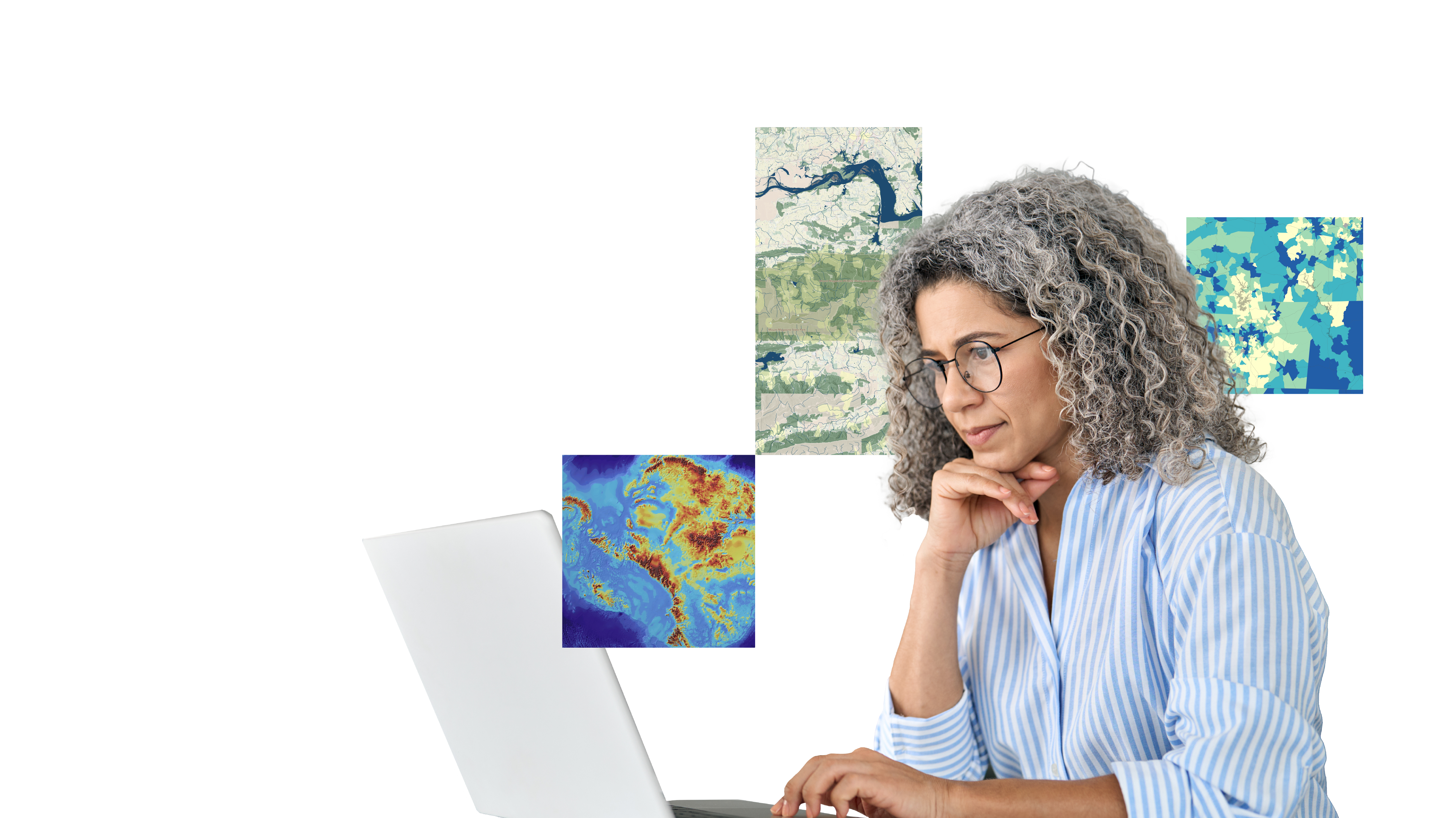 A person wearing glasses and a blue striped collared shirt looking thoughtfully at a laptop display, overlaid with three small colorful projecting maps