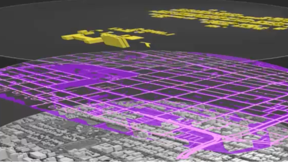A 3D map image with a gray street map layer, overlaid with a glowing purple grid, overlaid again with a layer of smaller yellow map features