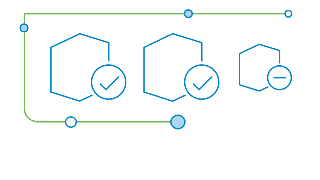 Abbildungen von drei Hexagonen, von denen zwei mit einem Häkchen versehen sind und eines mit einem Minus-Symbol