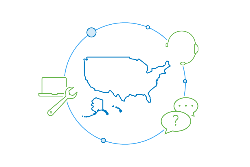 Un círculo con iconos de personas y un mapa de Estados Unidos que representa el ámbito geográfico del país.