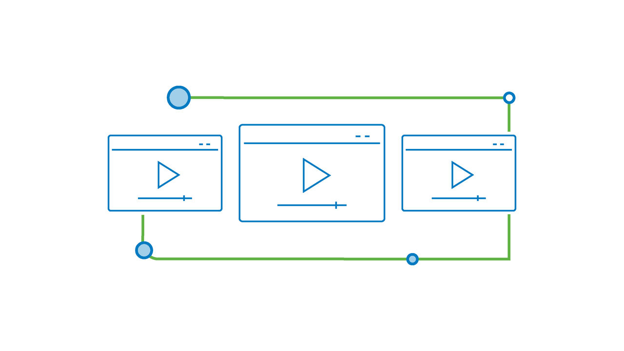 An illustration of three connected video player windows